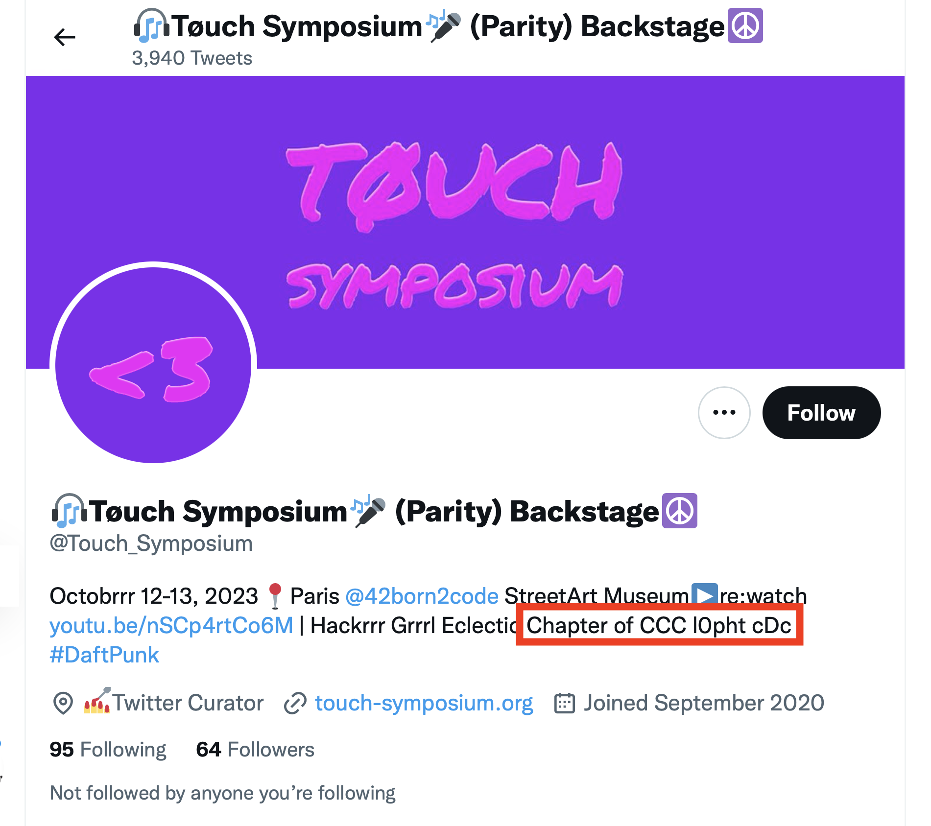 The 16 November 2022 version of the @Touch_Symposium twitter bio. The bio includes the text 'Hackrrr Grrrl Eclectic Chapter of CCC l0pht cDc', with a red box for emphasis surrounding 'Chapter of CCC l0pht cDc'.